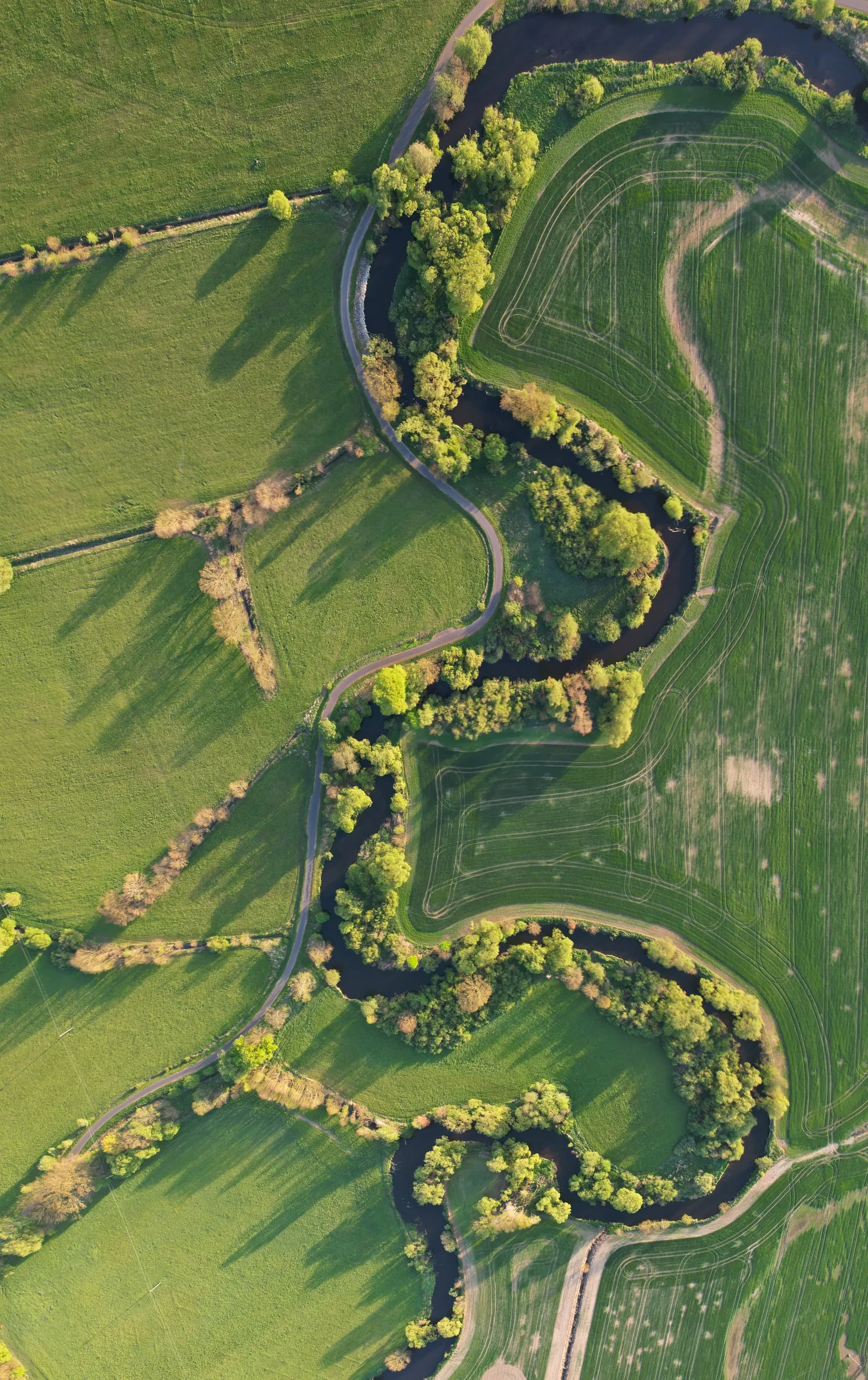 Meandry řeky Ohře v májově zelených loukách, kolmý pohled shora