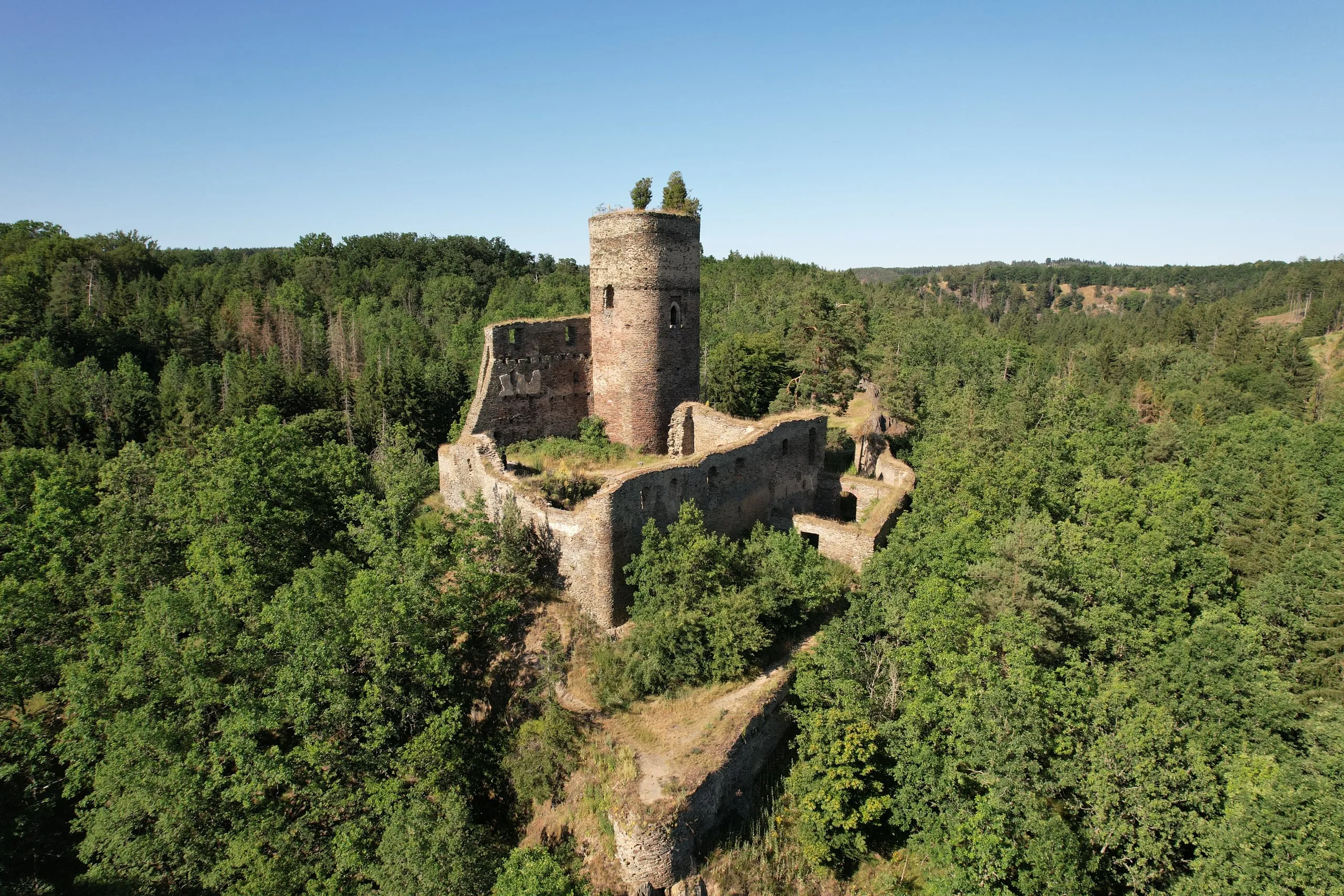 Zřícenina hradu Gutštejn s válcovou věží na skále nad lesy