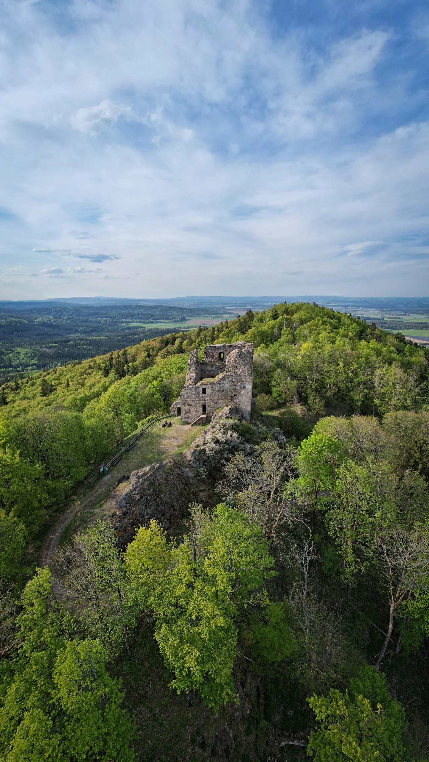 Zbytky hradu Přimda na skalnatém vrchu nad jarním lesem
