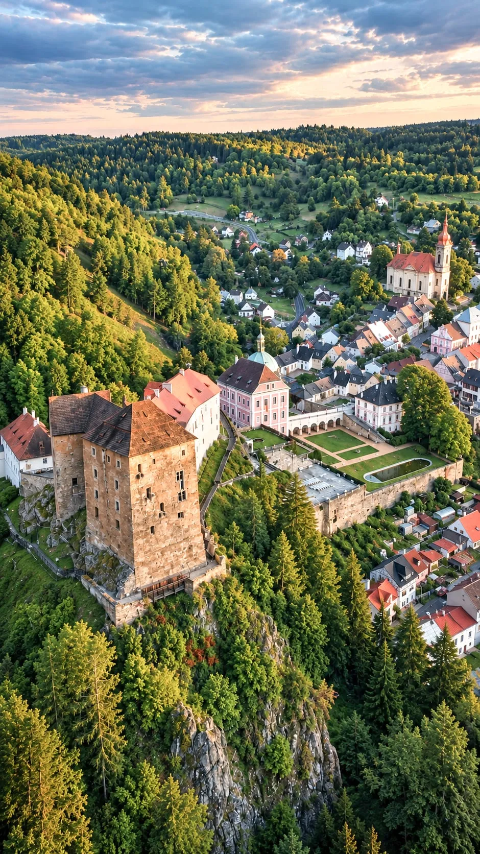Hrad v Bečově nad Teplou na skalním ostrohu nad městečkem v podvečerním slunci